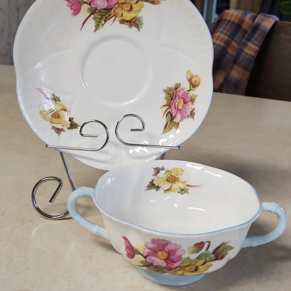 Shelley Begonia Dainty 13427 Cream Soup Bowl and Saucer Set Vintage Bone China